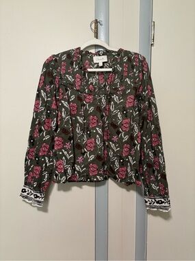 Olive Green Floral Button-Front Blouse with Pink Roses